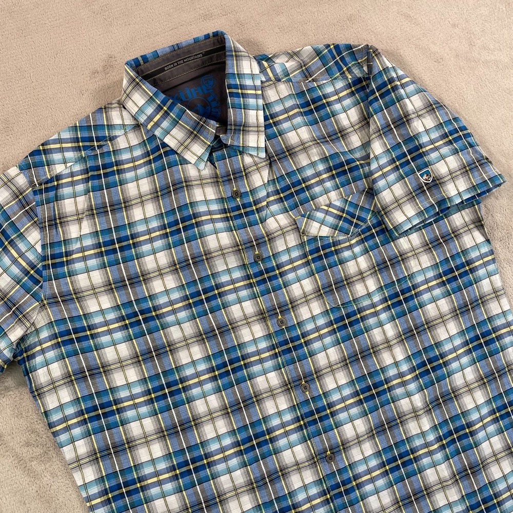 KUHL Hiking Shirt Men Large Blue Multi Plaid Mountain Grown Outdoor Short Sleeve